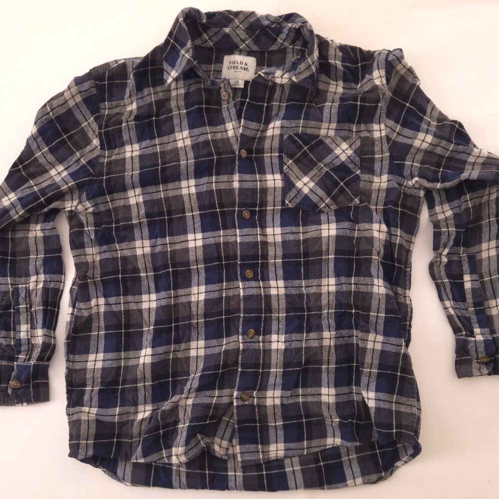 Field & Stream Navy Charcoal Plaid Cotton Blend Flannel Shirt Large